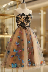 Strapless Short Champagne Floral Semi Formal Prom Dresses, 3D Floral Short Champagne Formal Graduation Dresses