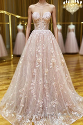 Strapless Sweetheart Neck Pink Lace Long Semi Formal Prom Dresses, Pink Lace Formal Graduation Evening Dresses