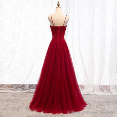 Straps Dark Red Beaded Sweetheart Long Formal Dress, Junior Prom Dress