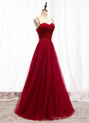 Straps Dark Red Beaded Sweetheart Long Formal Dress, Junior Prom Dress