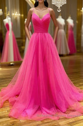 Stylish A Line V Neck Backless Hot Pink Long Semi Formal Prom Dresses, Backless Hot Pink Formal Graduation Evening Dresses