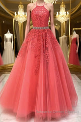 Stylish Backless Coral Lace Long Semi Formal Prom Dresses, Coral Lace Formal Graduation Evening Dresses