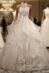 Stylish Halter Floor-Length Organza Wedding Dress With Appliques Beading