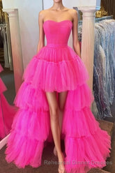Stylish High Low Strapless Fuchsia Semi Formal Prom Dress with Ruffles