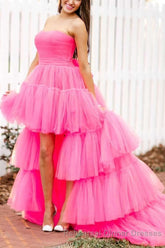 Stylish High Low Strapless Fuchsia Semi Formal Prom Dress with Ruffles