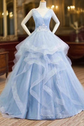 Sweetheart Blue Organza Ballgown V Neck Ruffles Appliques Evening Prom Dress