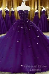 Sweetheart Crystals Semi Formal Prom Dresses Ball Gown Beaded Purple Quinceanera Dresses