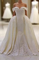 Sweetheart Lace Appliques Off the Shoulder Detachable Train Wedding Dresses