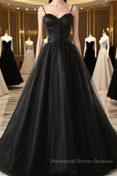 Sweetheart Neck Black Tulle Long Semi Formal Prom Dresses, Thin Straps Black Formal Evening Dresses, Black Ball Gown