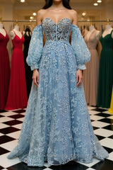 Sweetheart Neck Blue Lace Appliques Long Semi Formal Prom Dresses with Long Sleeves, Blue Lace Floral Formal Graduation Evening Dresses
