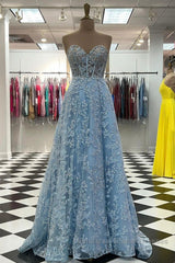 Sweetheart Neck Blue Lace Appliques Long Semi Formal Prom Dresses with Long Sleeves, Blue Lace Floral Formal Graduation Evening Dresses