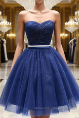 Sweetheart Neck Short Blue Semi Formal Prom Dresses, Short Blue Formal Homecoming Graduation Dresses