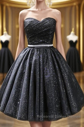 Sweetheart Neck Strapless Black Short Semi Formal Prom Dresses, Open Back Black Homecoming Dresses, Black Formal Evening Dresses