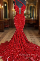 Sweetheart Sleeveless Sequins Red Mermaid Semi Formal Prom Dresses