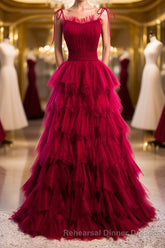 A-Line Long Spaghetti Strap Semi Formal Prom Dresses, Cute Layers Tulle Evening Dresses