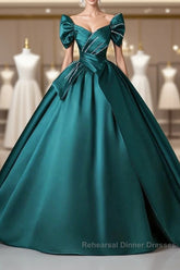 Teal A-Line Off The Shoulder Satin Long Semi Formal Prom Dress, Elegant Evening Dress