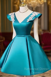 Teal Blue Satin Short Party Dress With White Lace, Blue Homecoming Dress Semi Formal Prom Dress