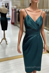 Teal Satin V Neck Sheath Midi Dress
