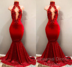 Trendy Mermaid Red Lace High Neck Semi Formal Prom Party Gowns| Red Semi Formal Prom Party Gowns