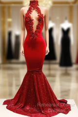 Trendy Mermaid Red Lace High Neck Semi Formal Prom Party Gowns| Red Semi Formal Prom Party Gowns