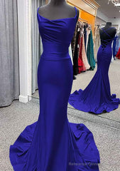 Trumpet/Mermaid Cowl Neck Spaghetti Straps Sweep Train Jersey Prom Dresses With Pleated