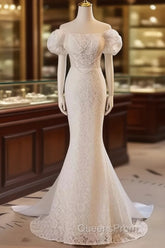 Trumpet Mermaid Puffy Sleeves Wedding Dress With Detachable Train
