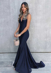 Trumpet/Mermaid V Neck Sleeveless Sweep Train Jersey Prom Dresses