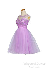 Tulle Appliques Beads Open Back Short Purple Homecoming Dresses