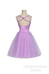 Tulle Appliques Beads Open Back Short Purple Homecoming Dresses