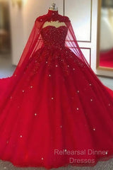 Tulle Ball Gown Wedding Dress, With Cape Semi Formal Prom Dresses, Evening Dresses