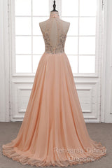 Tulle & Chiffon High Neck Evening Dresses With Beading