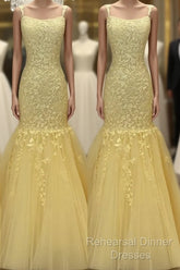 Tulle Lace Appliques Mermaid Semi Formal Prom Dresses Spaghetti Straps