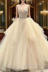 Tulle Lace Beading V-Neck Spaghetti Straps Sleeveless Floor-Length Ball Gown Semi Formal Prom Dress Wedding Dress