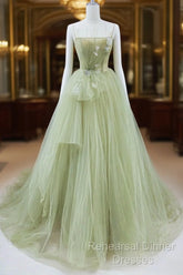 Tulle Long Semi Formal Prom Dress A-Line Green Long Evening Dress
