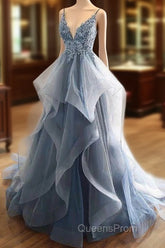 Tulle Long Evening Prom Dress With Spaghetti Straps And Ruffled Floor Length Skirt