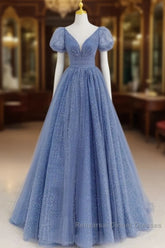 Tulle V Neck Short Sleeve Blue Sparkle Semi Formal Prom Dress With Bow