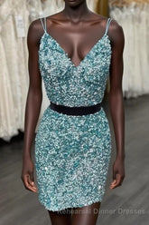 Two Piece Blue Sequins Tight Homecoming Dresses,Sparkly Cocktail Party Dress