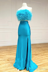 Two-Piece Feathers Strapless Satin Long Prom Dress with Slit