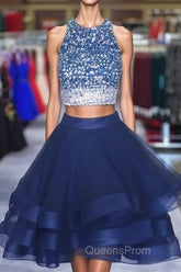 Two Piece Ruffles Ball Gown Homecoming Dress,Navy Blue Semi Formal Dress