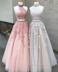 Two Piece Tulle Ball Gowns Quinceanera Dresses Beaded High Neck With Lace Embroidery