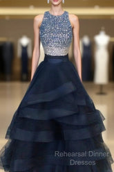 Two Pieces Navy Semi Formal Prom Dress Halter Neckline, Evening Dress, Graduation School Party Dance Dress