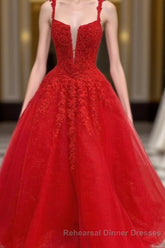Red Tulle Lace A Line Semi Formal Prom Evening Dresses Appliques Long Semi Formal Prom Dresses