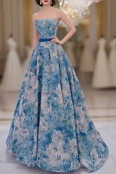 Unique A-Line Flower Satin Blue Long Semi Formal Prom Dress, Blue Long Formal Dress