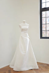 Unique A Line Strapless Satin White Wedding Dresses Brides Dress