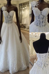 Unique Design One Shoulder See Through A-Line Lace Tulle Wedding Dresses,