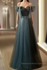 Unique Ink Blue Spotted Off Shoulder Short Sleeve Sequin Ball Dress Ink Blue A-Line Off Back Tie Bow And Floor Length Semi Formal Prom Dress