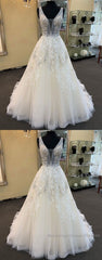 Unique Long A-line Tulle V Neck Beaded Lace Wedding Dresses