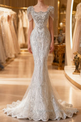 Unique Mermaid Square Neckline Short Sleeves Wedding Dresses White Brides Dress