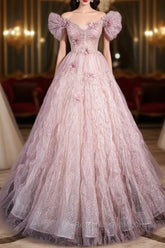 Unique Powder Blusher Pink Glitter Sequins Off Shoulder Rhinestone Applique Short Sleeve Semi Formal Prom Dress Powder Blusher Pink A-Line Princess Backless Strap Long Evening Dress