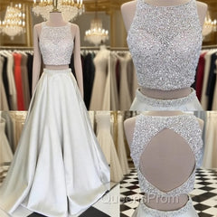 Unique Round Neck Sequin Evening Prom Dress, Two Pieces Long Evening Dress